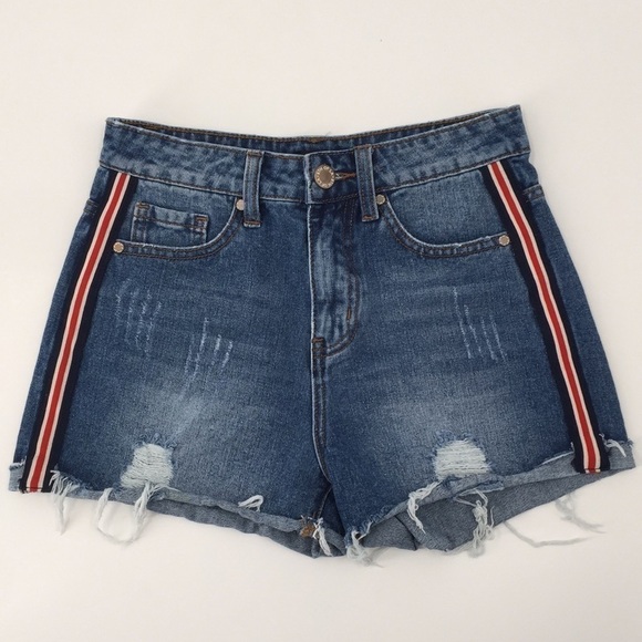 8th of LA High Waisted Jean Denim Shorts Distresse Stripe Trim Ribbon Raw Hem Sm - Picture 4 of 10